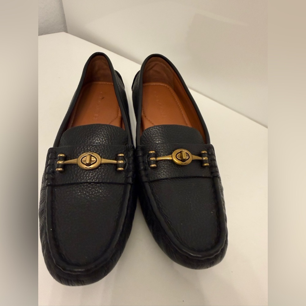 Coach Black Leather Loafers with Gold Accents - Picture 2 of 6